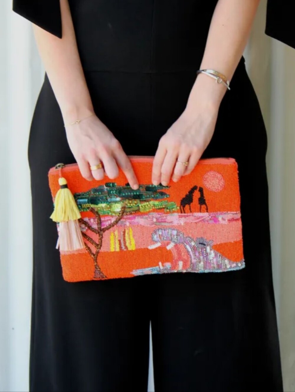 Zara Beaded Coral Clutch Bag with Tassel